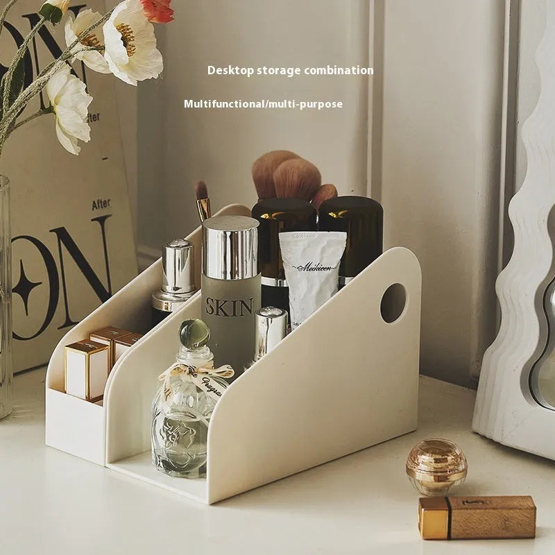 Two-layer plastic desktop storage box in milk coffee colour measuring 14.5 x 17 x 22 cm