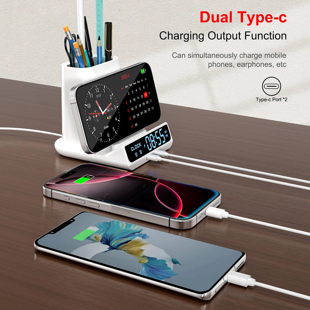 Minimalist desk lamp with wireless charging pad, pen holder and storage compartment
