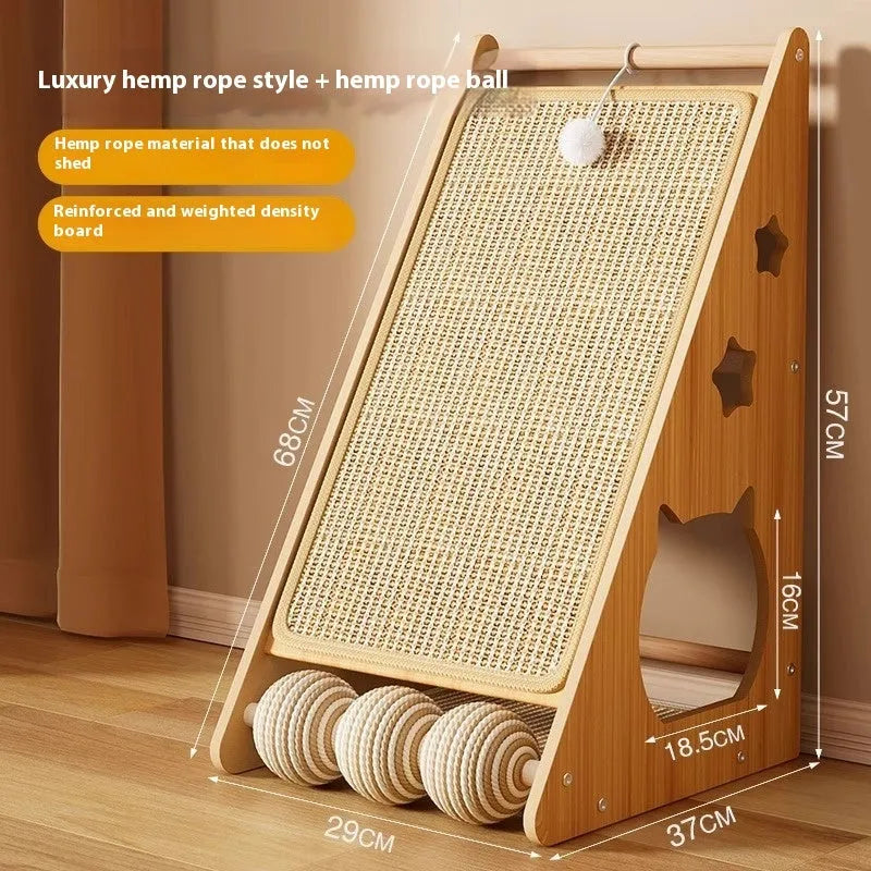 Vertical wall-mounted cat scratch board with integrated teasing ball and natural sisal rope surface