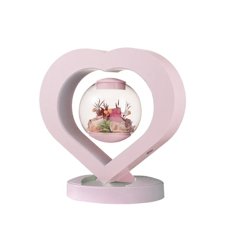 Pink preserved rose ornament with LED lights and optional audio Bluetooth base for birthday Valentine gifts