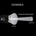 Black aluminium zoom flashlight showing adjustable head for focus, next to an 18650 battery.