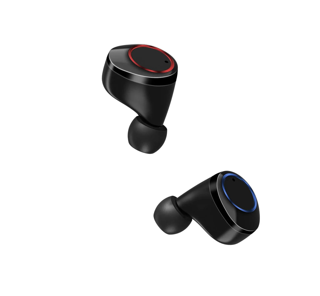 Black X11 wireless Bluetooth earbuds with charging case and six silicone ear tips on a grey background.