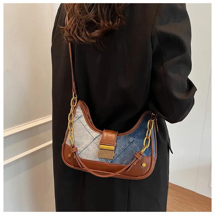 Brown denim women's shoulder bag with diamond mesh detail and double chain shoulder straps