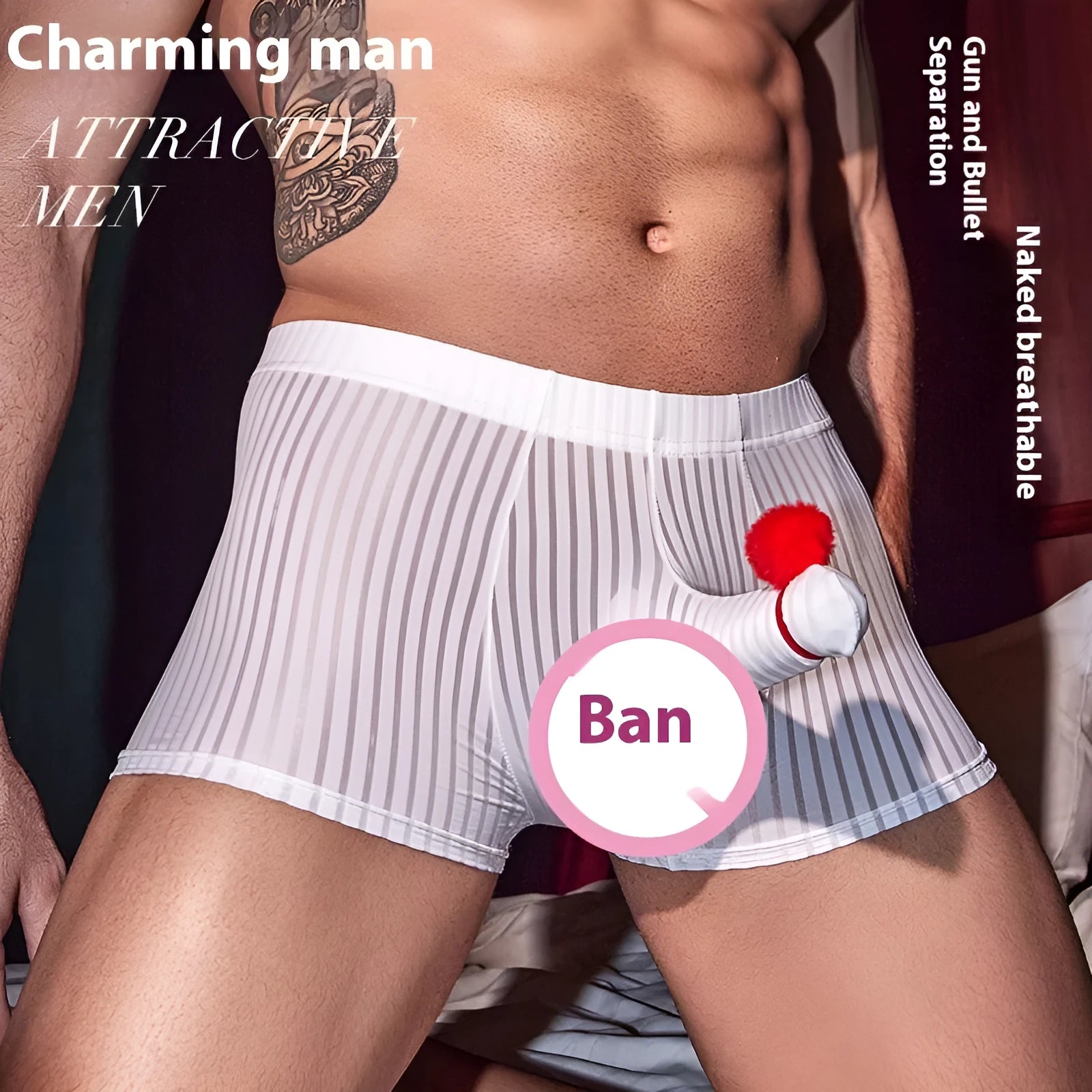 Men's striped boxer briefs underwear in nylon fabric showing vertical pattern detail
