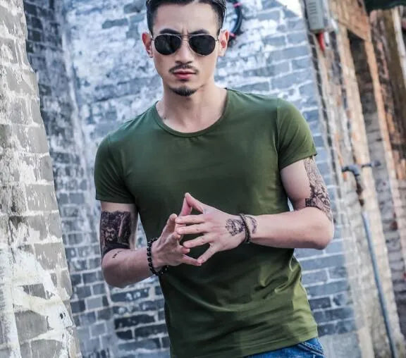 Men's bamboo fibre polyester summer t-shirt in various colours on a size chart background