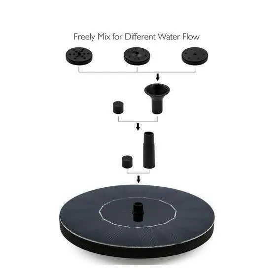 Black solar-powered fountain pump with solar panel and four spray nozzles for garden ponds.