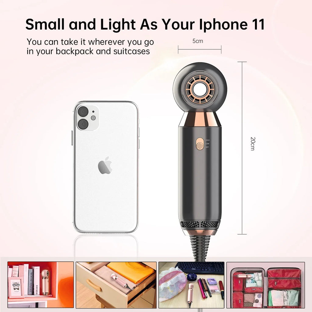 Leafless 800W ionic hair dryer with compact design and diffuser accessory