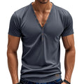 Men's loose V-neck pullover top in light blue with button detail, shown for sports casual wear.