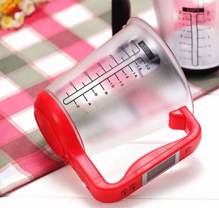 Green electronic kitchen measuring cup scale with LCD display built into handle