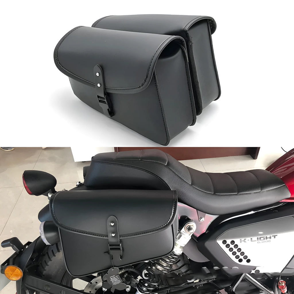 Black PU leather motorcycle swingarm saddlebag mounted on Harley-Davidson Sportster