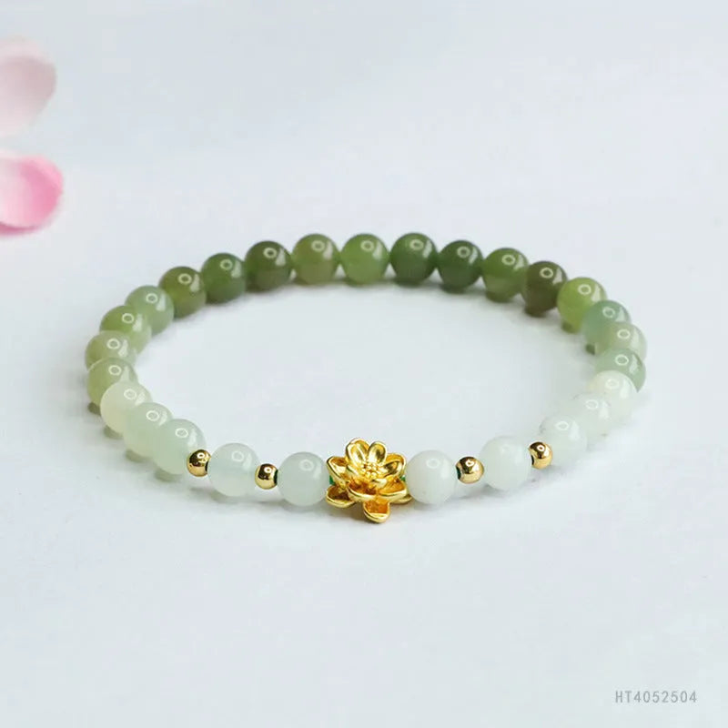Hand-woven hetian jade gradient lotus flower bracelet with 6mm beads and national style design