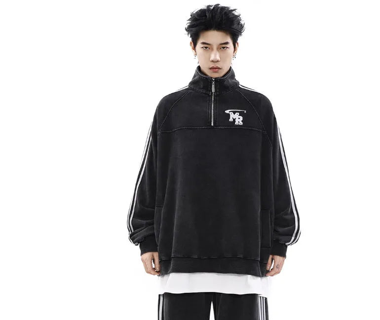 Black Hong Kong style stand collar polyester hoodie jacket for men's sports and casual wear