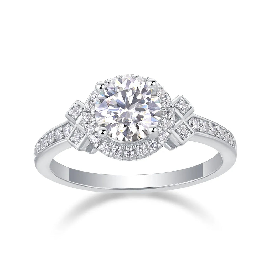 Lighthouse 1-carat moissanite wedding ring set with S925 silver platinum-plated band on display in gift box