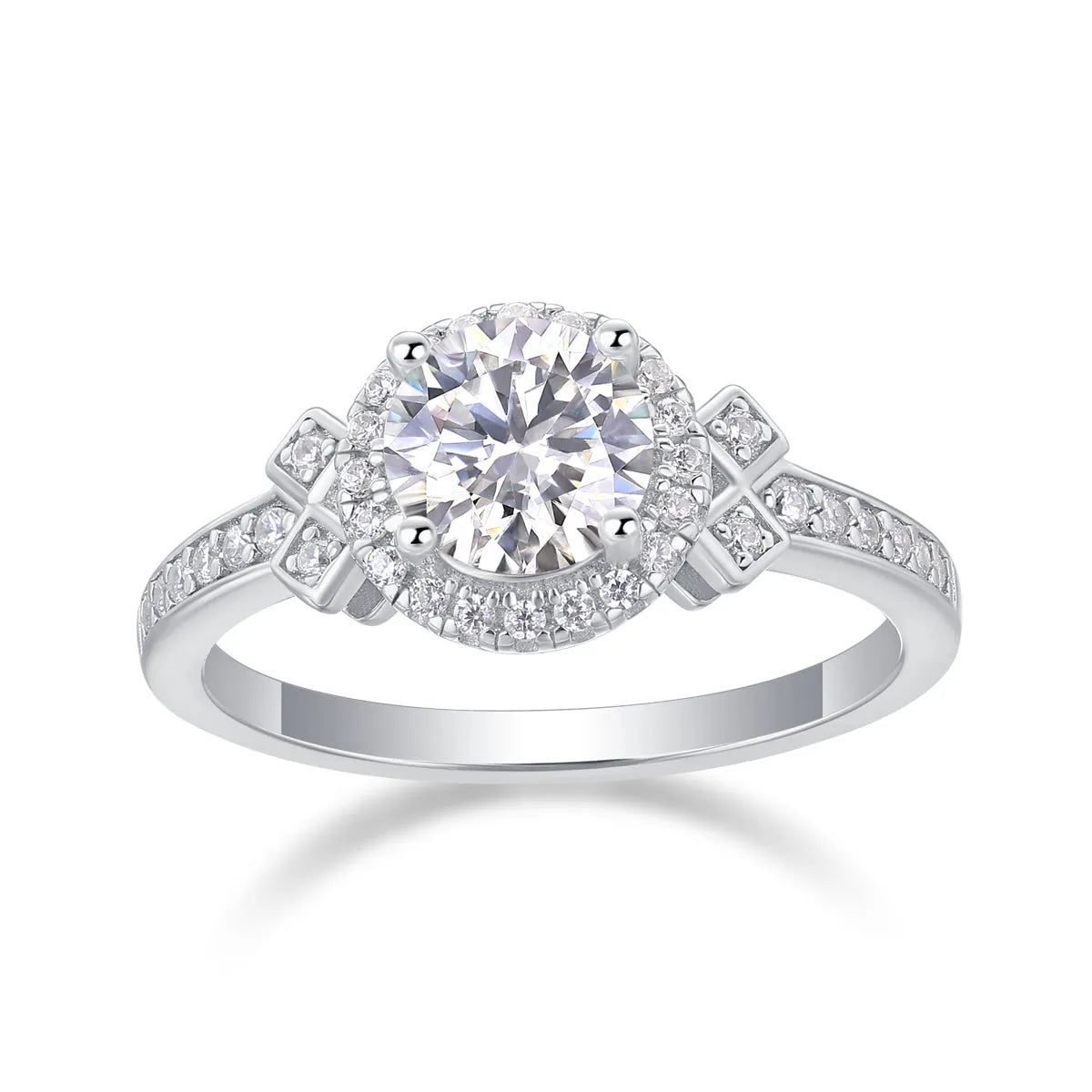 Lighthouse 1-carat moissanite wedding ring set with S925 silver platinum-plated band on display in gift box