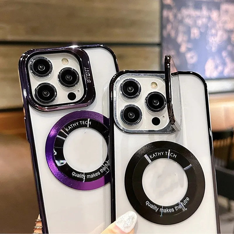 Magnetic leakage label PC phone case for iPhone on a dark background, showing dark purple colour option.