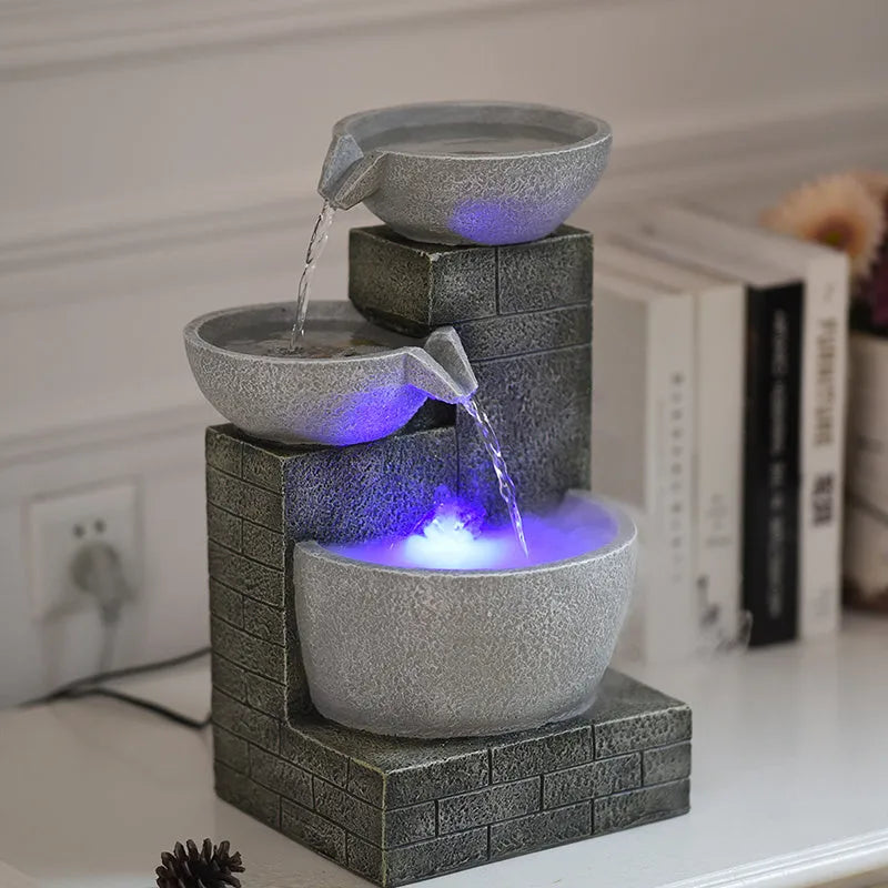 Light grey desktop fountain humidifier with hand-painted resin waterscape and atomizer, 25x21x43cm