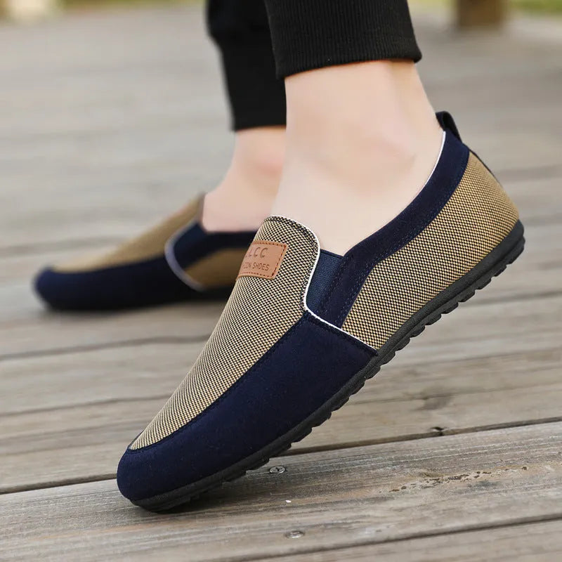 Men's grey and khaki canvas board shoes with round toe design and rubber soles