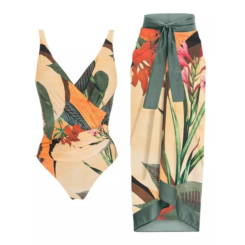 Women's solid colour one-piece swimsuit with removable skirt in Asian sizes