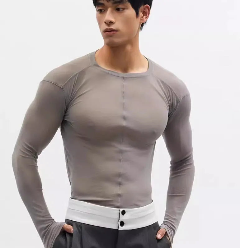 Ultra-thin mesh see-through texture slim-fit pullover in black or grey