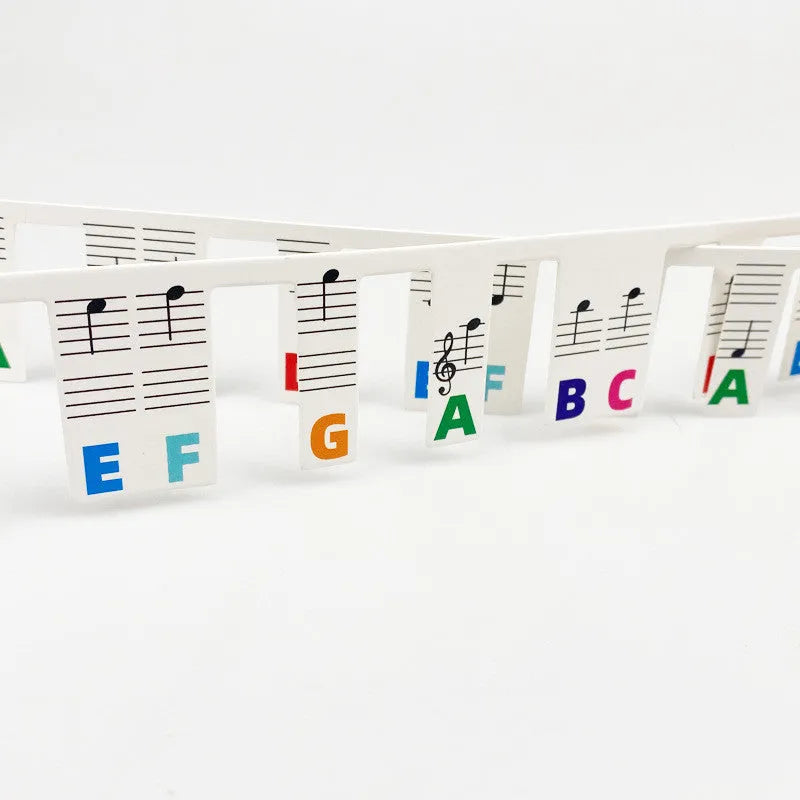 88 key piano keyboard stickers with staff notation and colour-coded note bars on white card