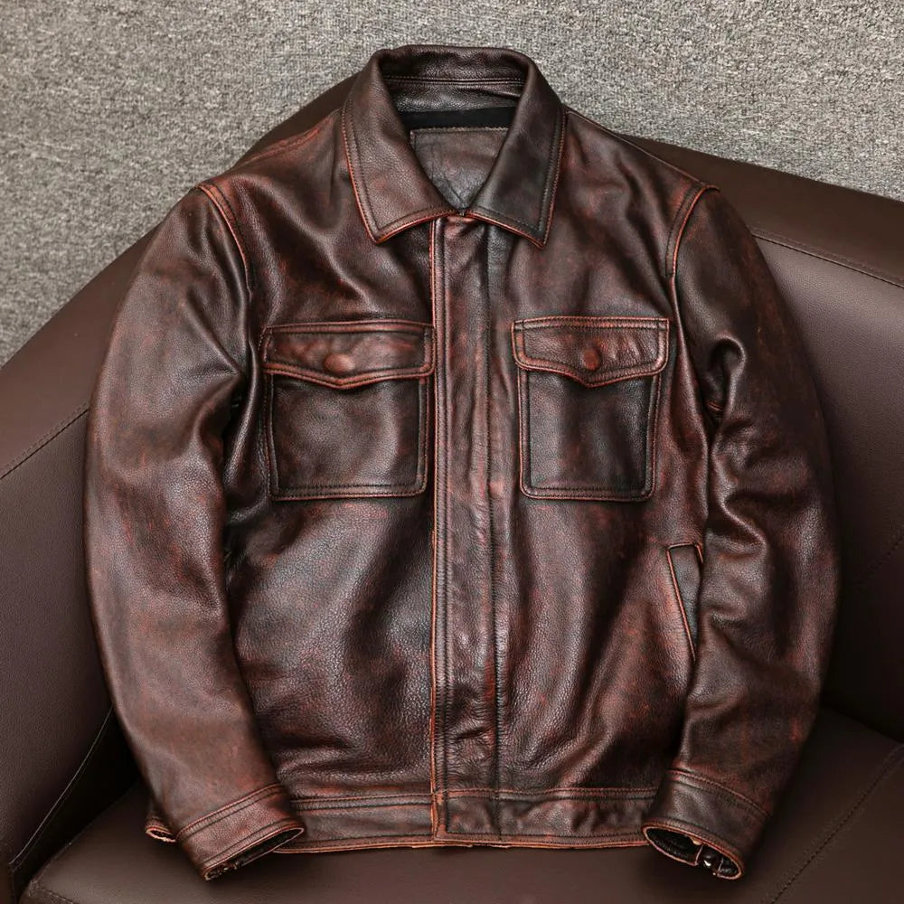 Male model wearing black PU leather lapel jacket with side seam pockets