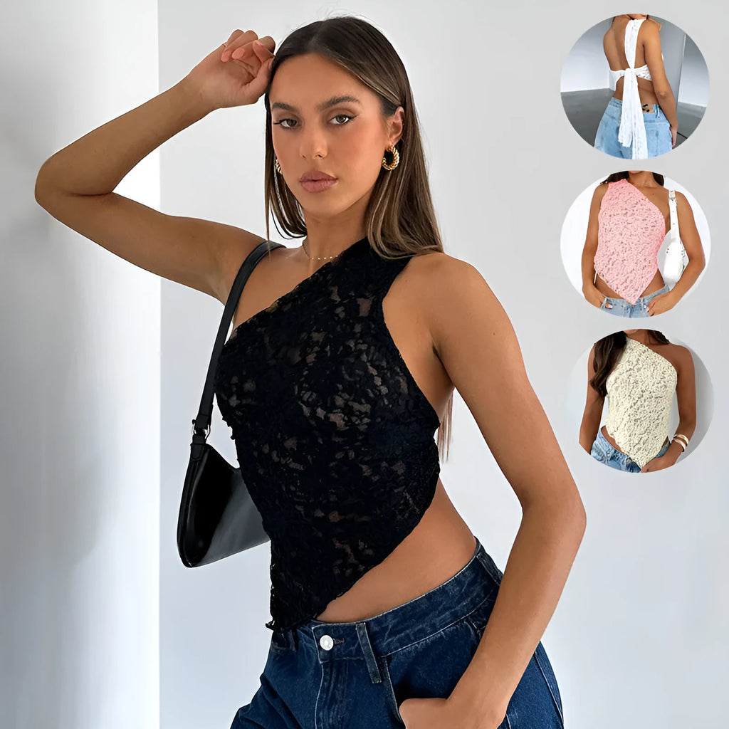 Women's sleeveless lace backless top with asymmetrical neck in multiple colour options