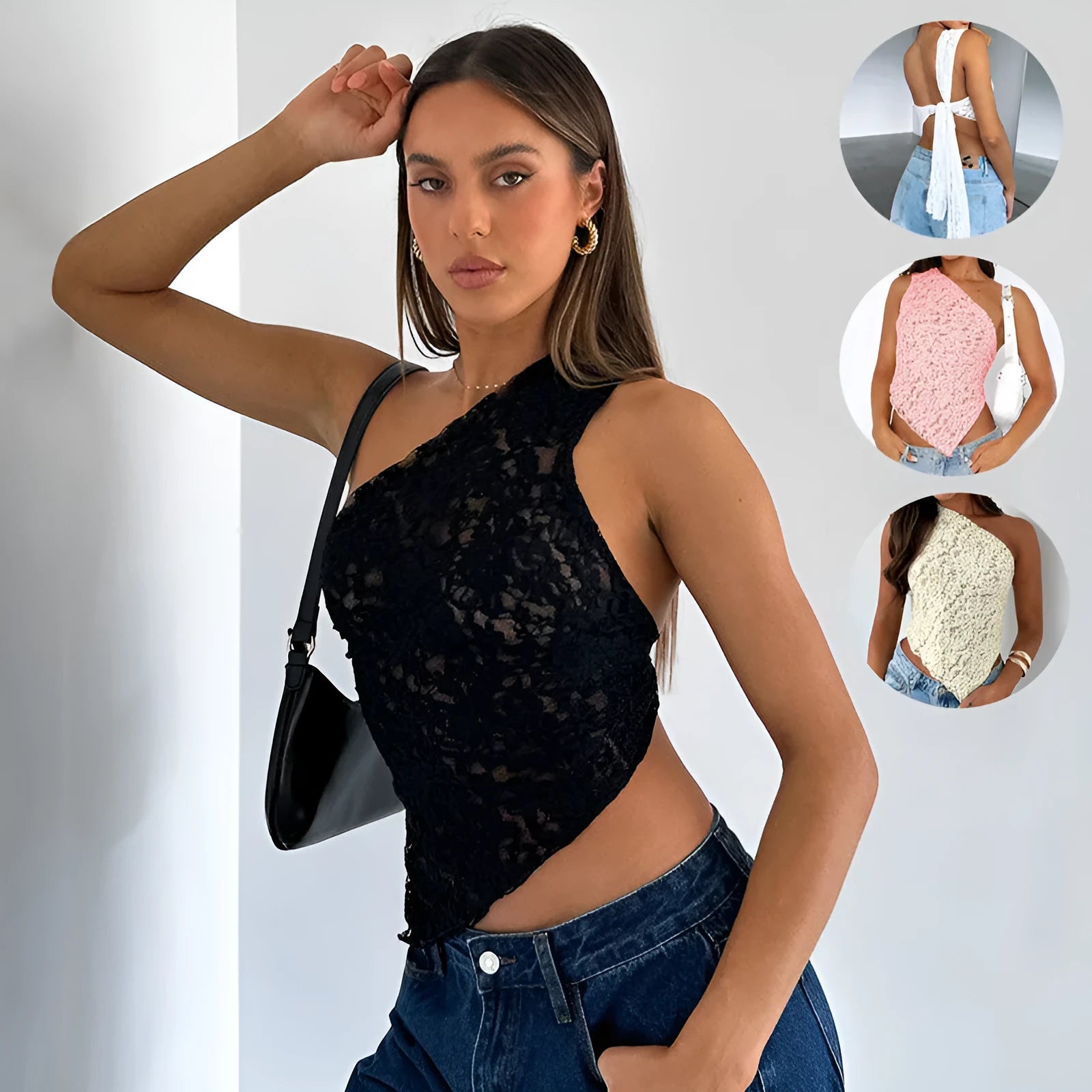 Women's sleeveless lace backless top with asymmetrical neck in multiple colour options