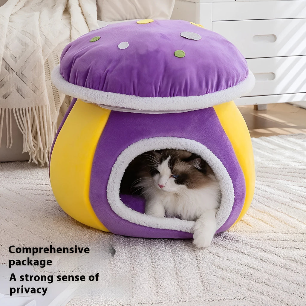 Mushroom-shaped thermal plush cat bed in gray, pink or purple colour options