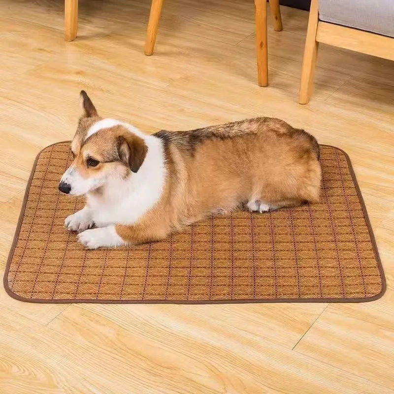 Brown woven rattan dog cooling mat for summer, shown in a large size.