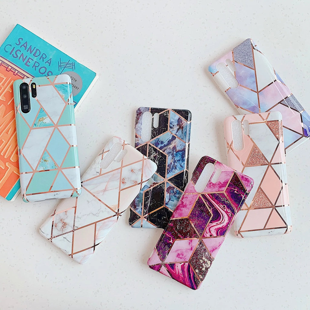 Electroplated marble pattern TPU back cover case for Huawei and Samsung mobile phones.