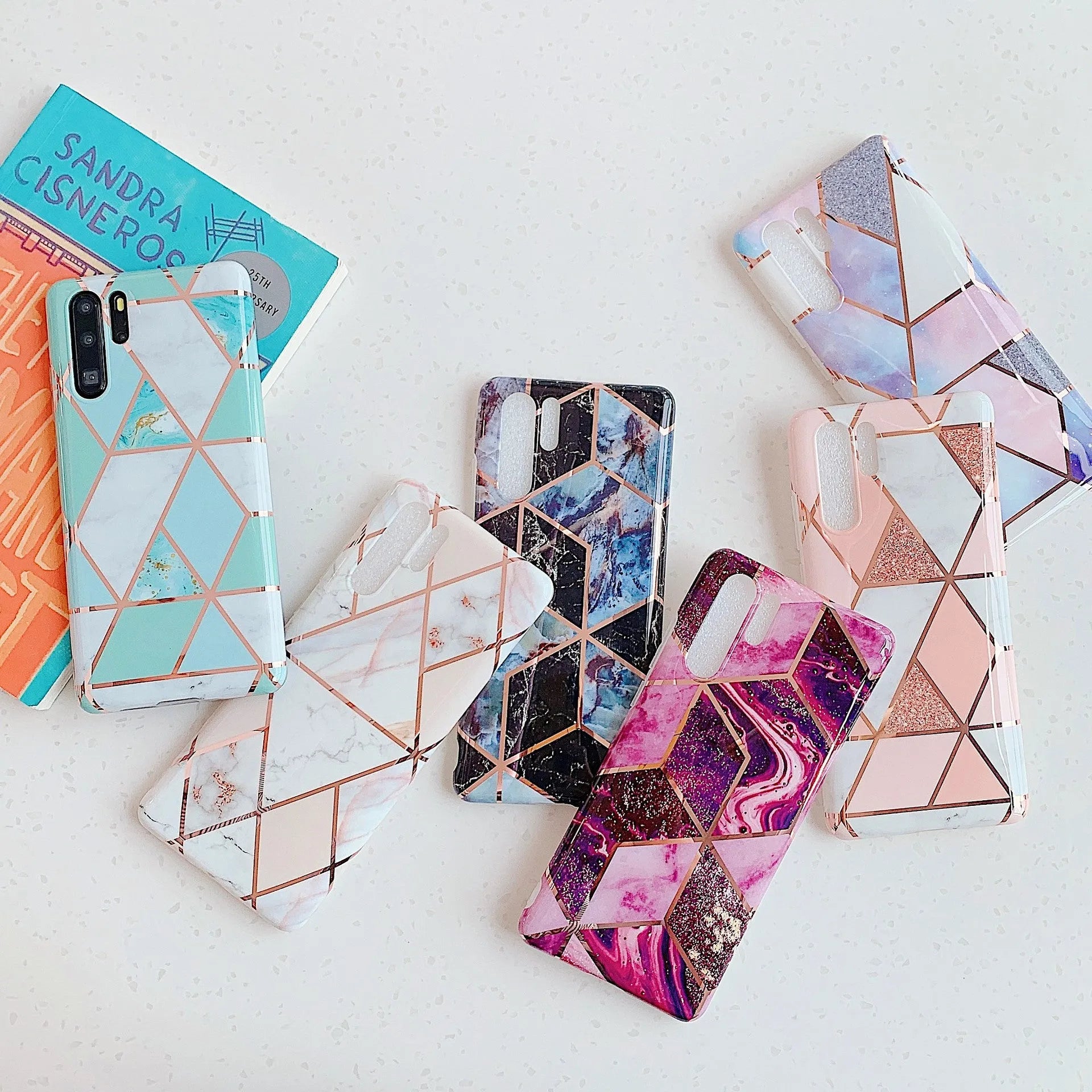 Electroplated marble pattern TPU back cover case for Huawei and Samsung mobile phones.