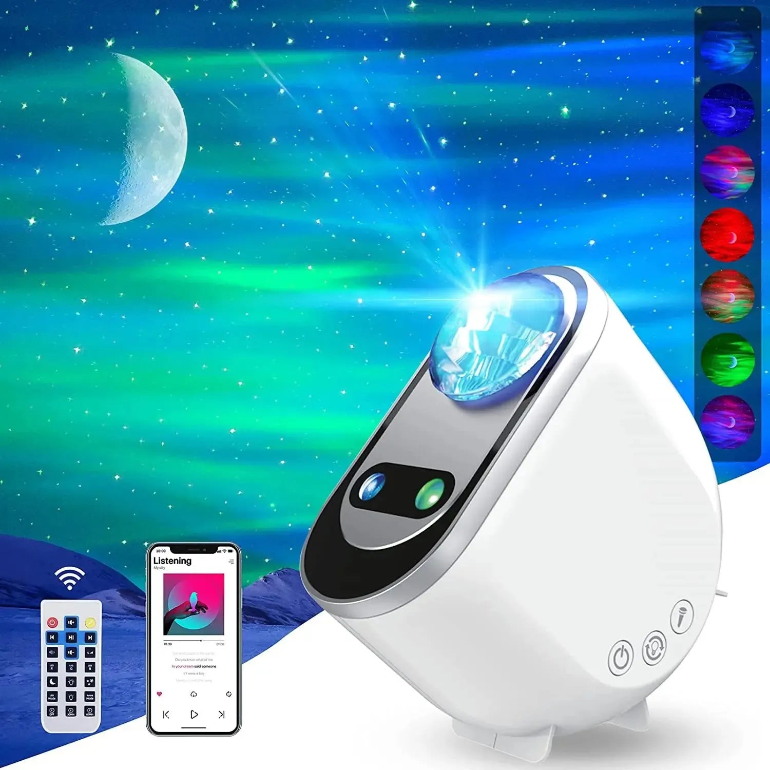 White ABS star projector lamp showing aurora borealis and star projection on a dark ceiling with remote control