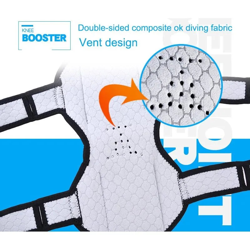 Adjustable spring-loaded knee support brace with straps on a grey background.