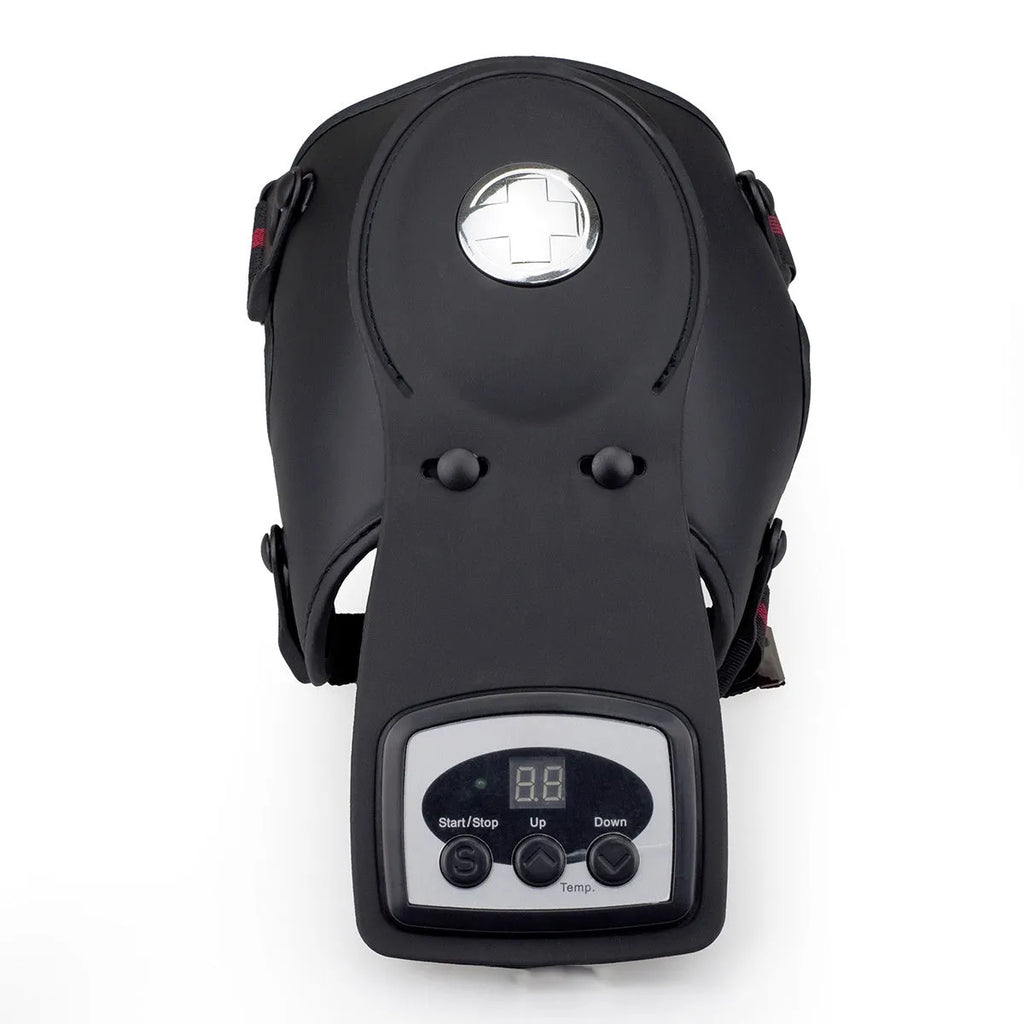Knee massager unit with infrared heat therapy, adjustable temperature control, and included knee pads and shoulder pads.