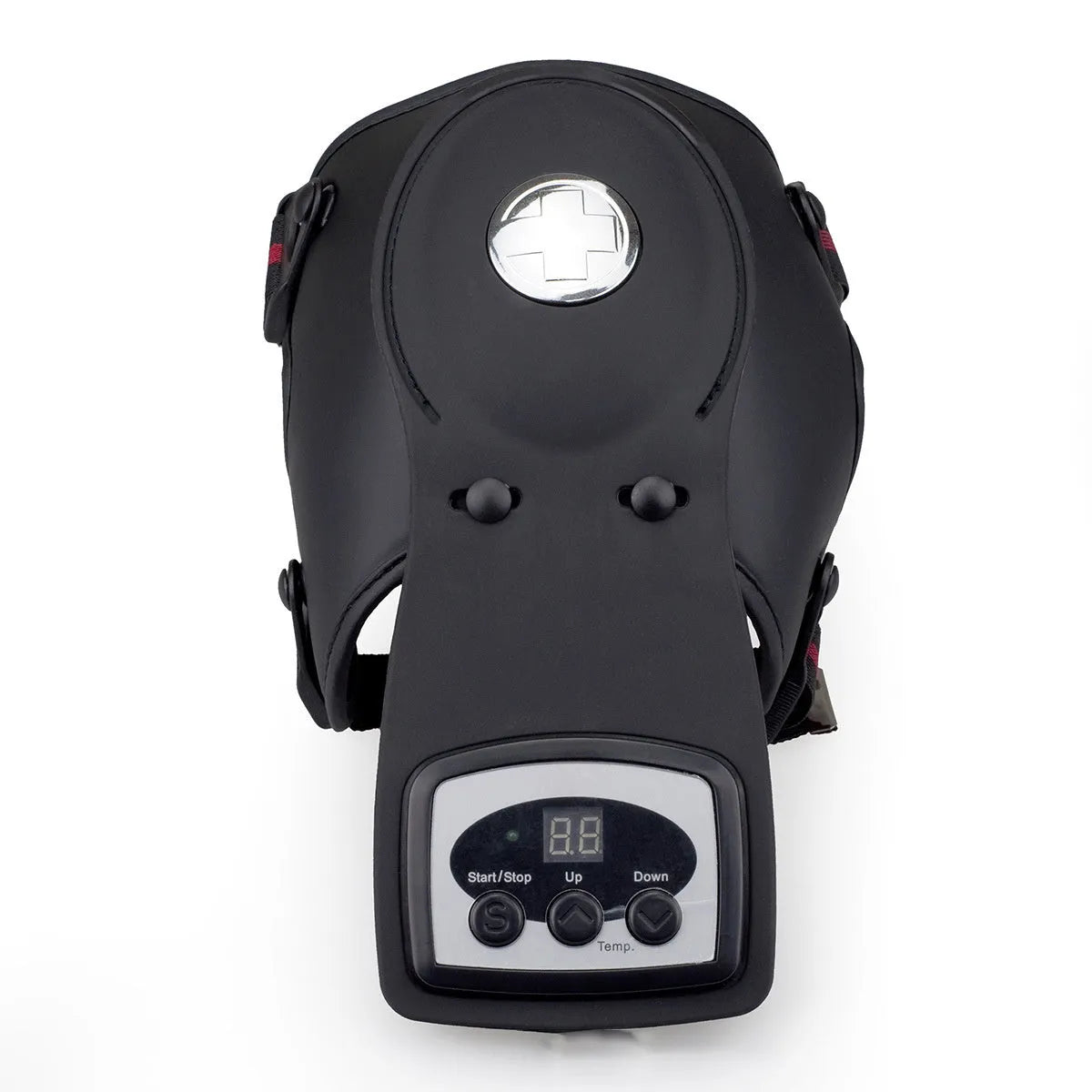 Knee massager unit with infrared heat therapy, adjustable temperature control, and included knee pads and shoulder pads.