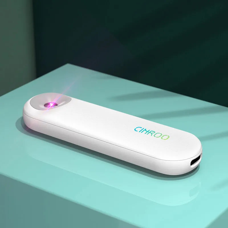 White portable UV sterilizer showing compact 116mm design with dimensions and battery specifications