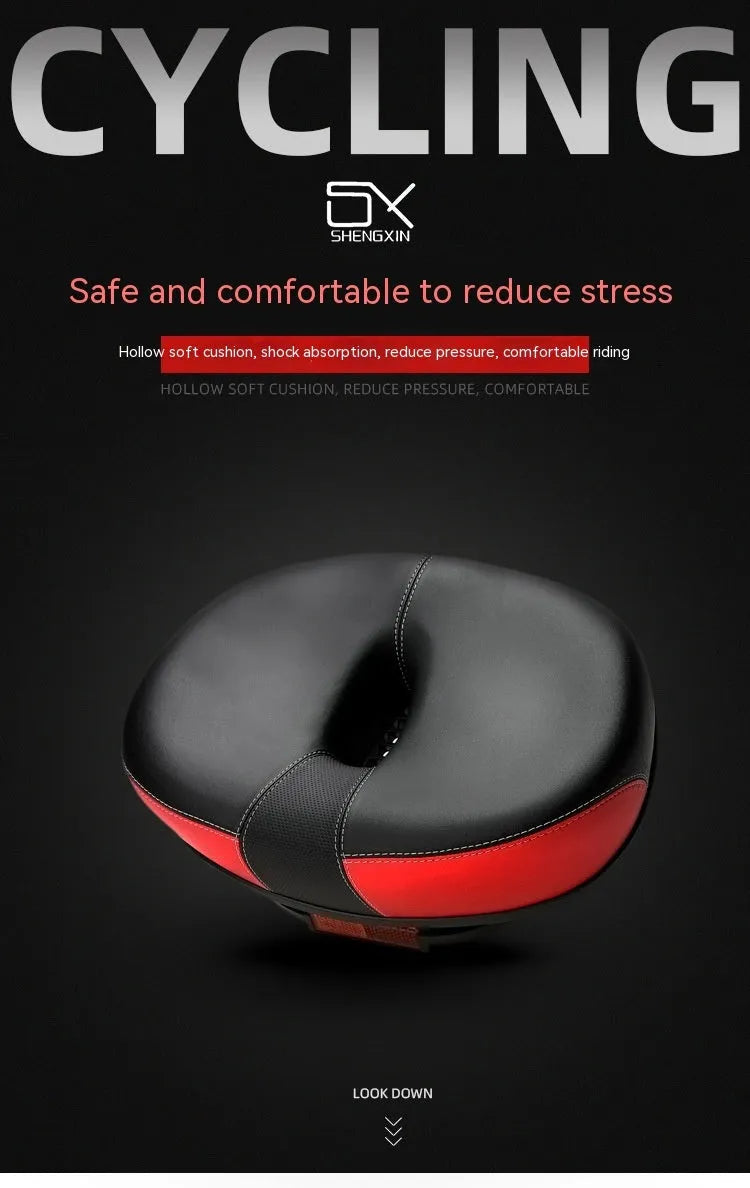Thickened plus-size bicycle saddle in red with shock absorber and reflective stickers