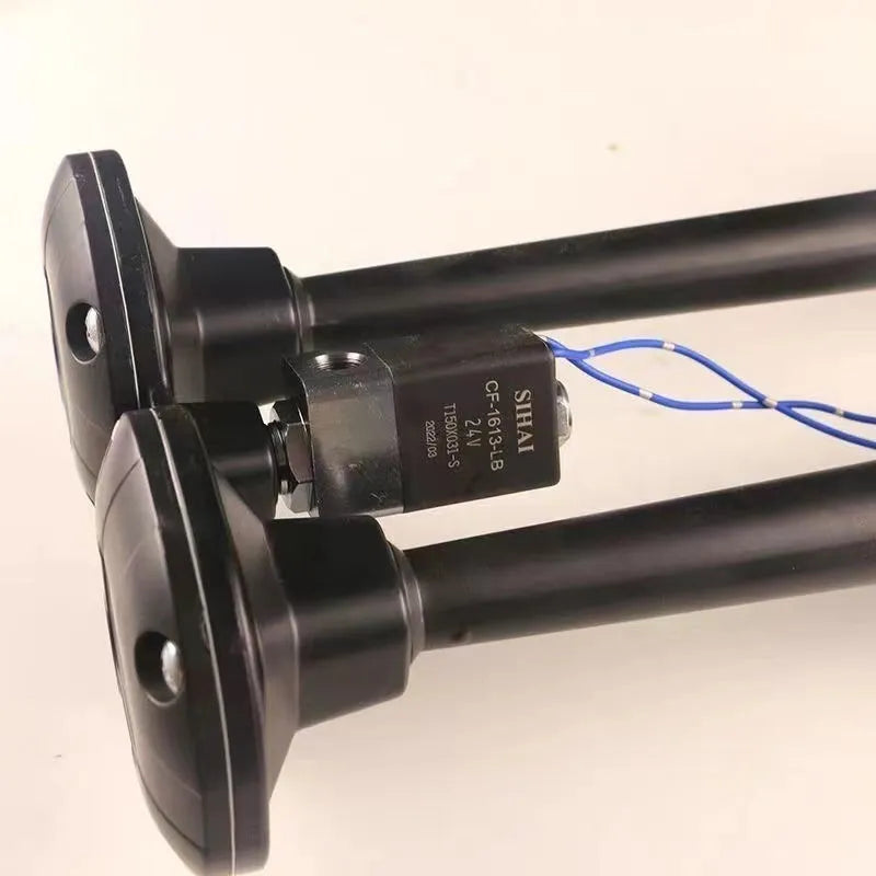 Black 12V 24V 300DB dual trumpet air horn and compressor kit for vehicles.