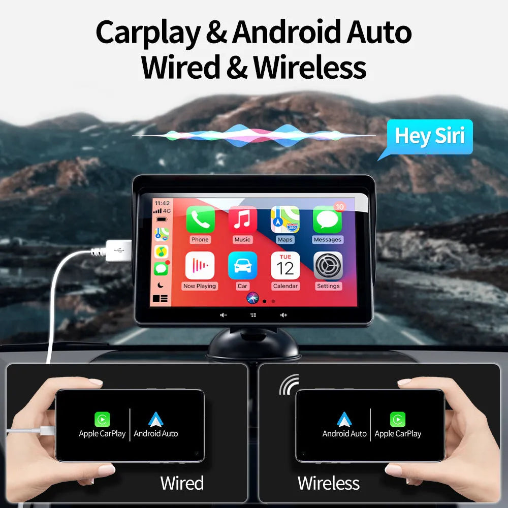 7-inch wireless CarPlay display with suction cup mount for car installation