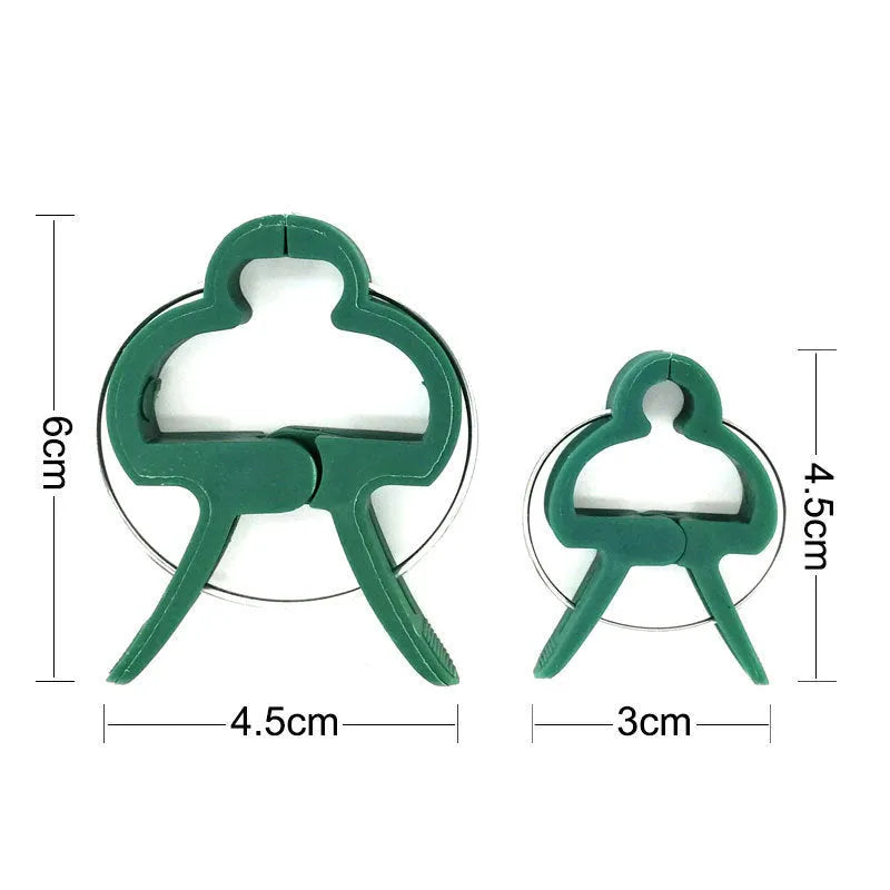 Green plastic plant fixing clips holding climbing plant stems against a support structure