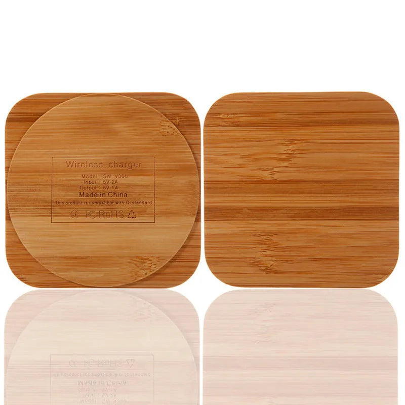 Square brown wooden bamboo 5W Qi wireless charging pad showing dimensions.