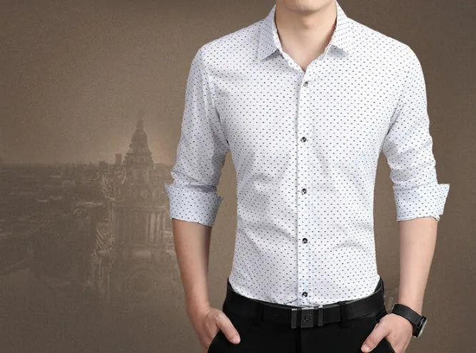 Polka dot men's dress shirt with slim fit in green colour long sleeves