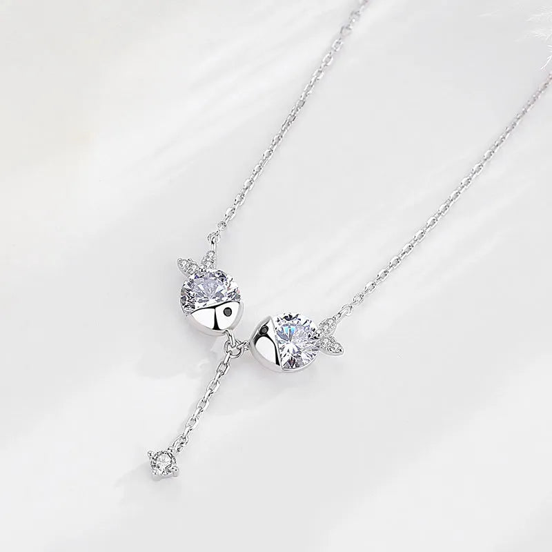 Fish-shaped S925 silver zircon necklace with 6x9mm pendant and 40cm+4cm chain in gold colour