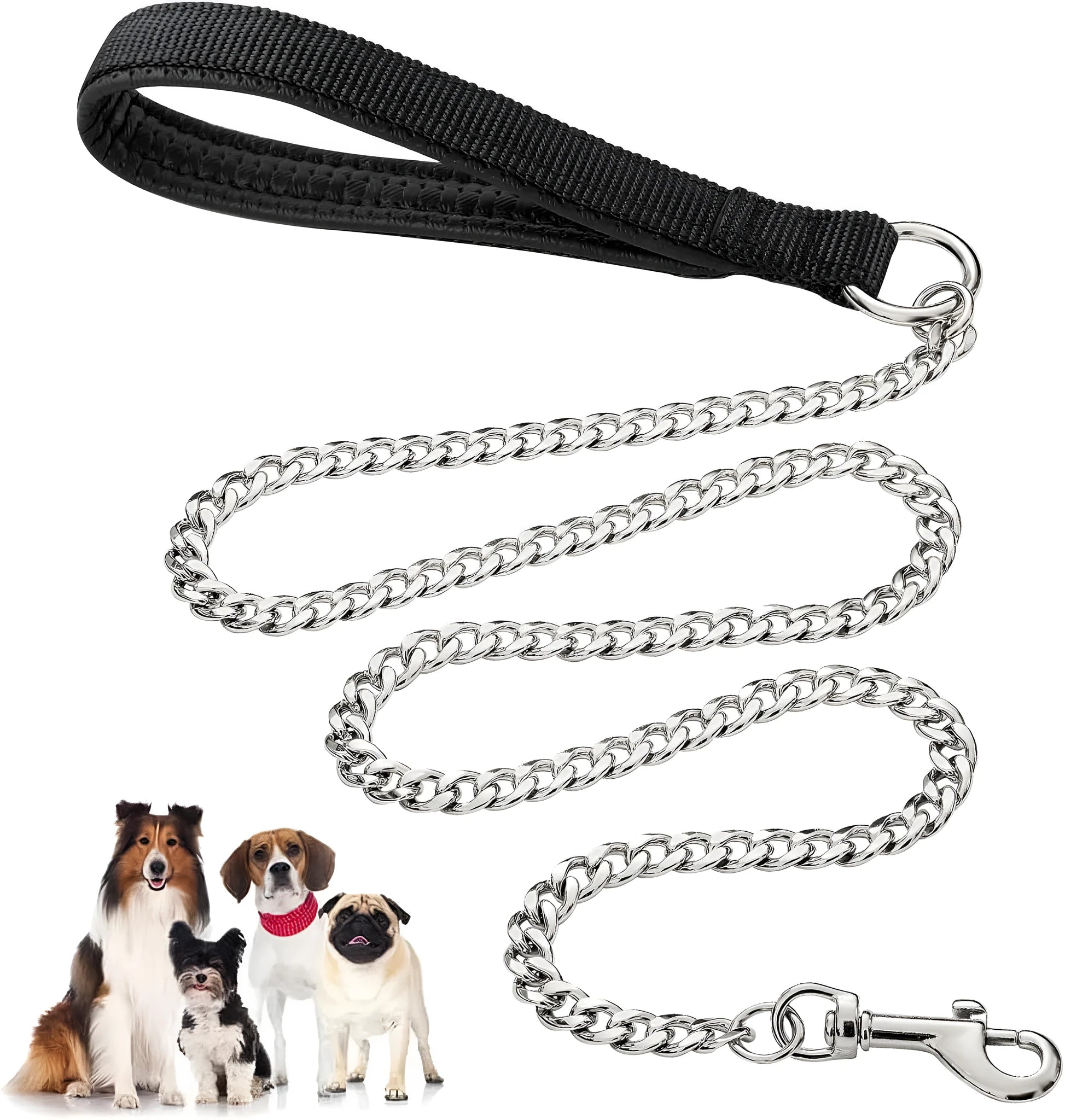 Heavy duty metal dog chain leash with a soft black padded handle, shown in red colour.