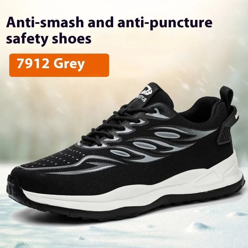 Lightweight labour protection safety shoes in orange, grey, green, and yellow colours with leather upper and rubber sole