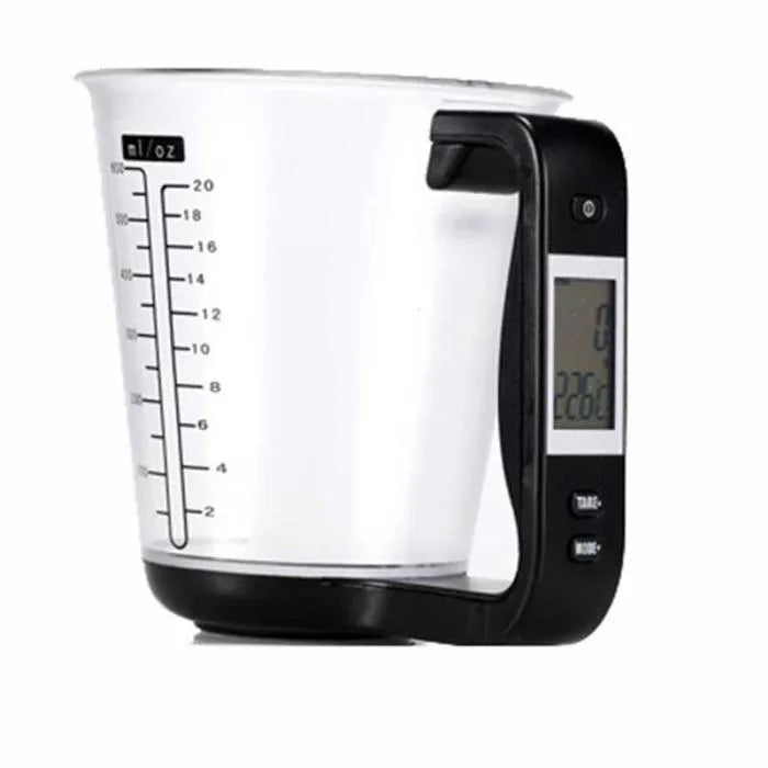 Green electronic kitchen measuring cup scale with LCD display built into handle
