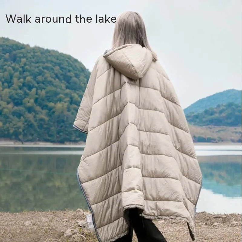 Army green outdoor cloak sleeping bag convertible to wearable blanket for camping