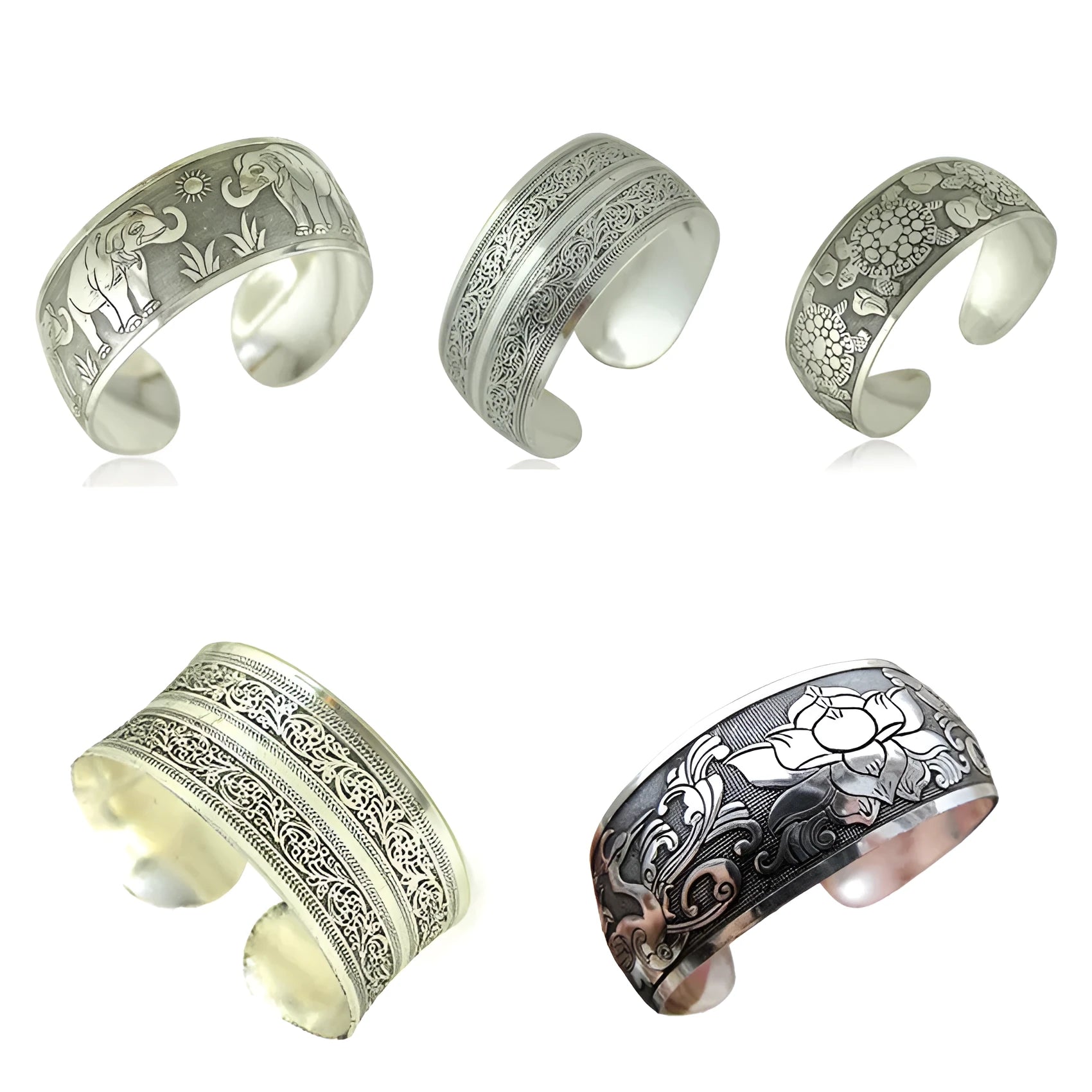 Carved Miao silver bracelet with openwork floral patterns in adjustable Roman shape