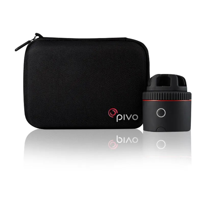 Black PIVO facial tracking camera unit showing 360-degree rotation base for smartphones.