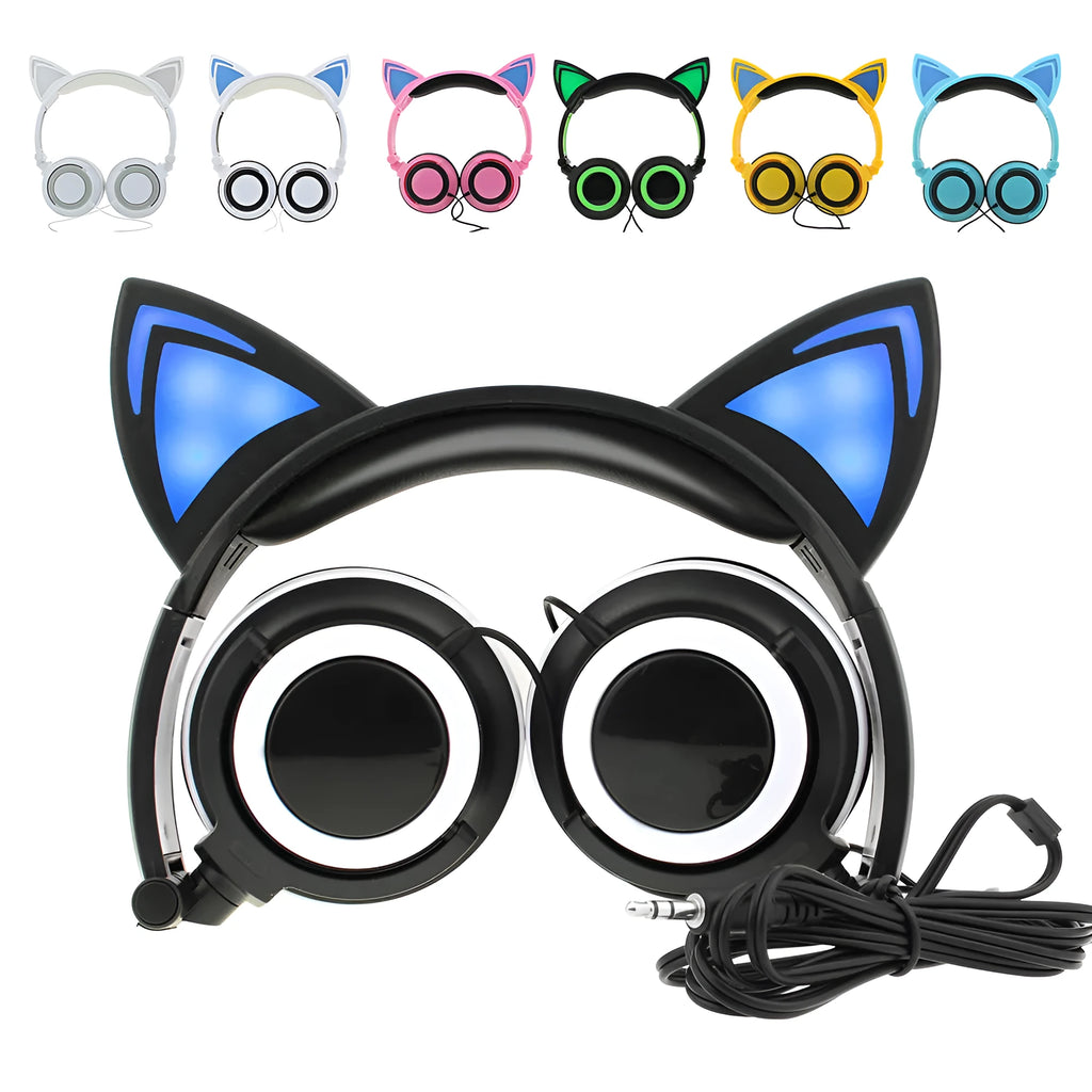 Colourful cat ear headphones with illuminated RGB LED lights in the ears and blue earcushions on a black background.